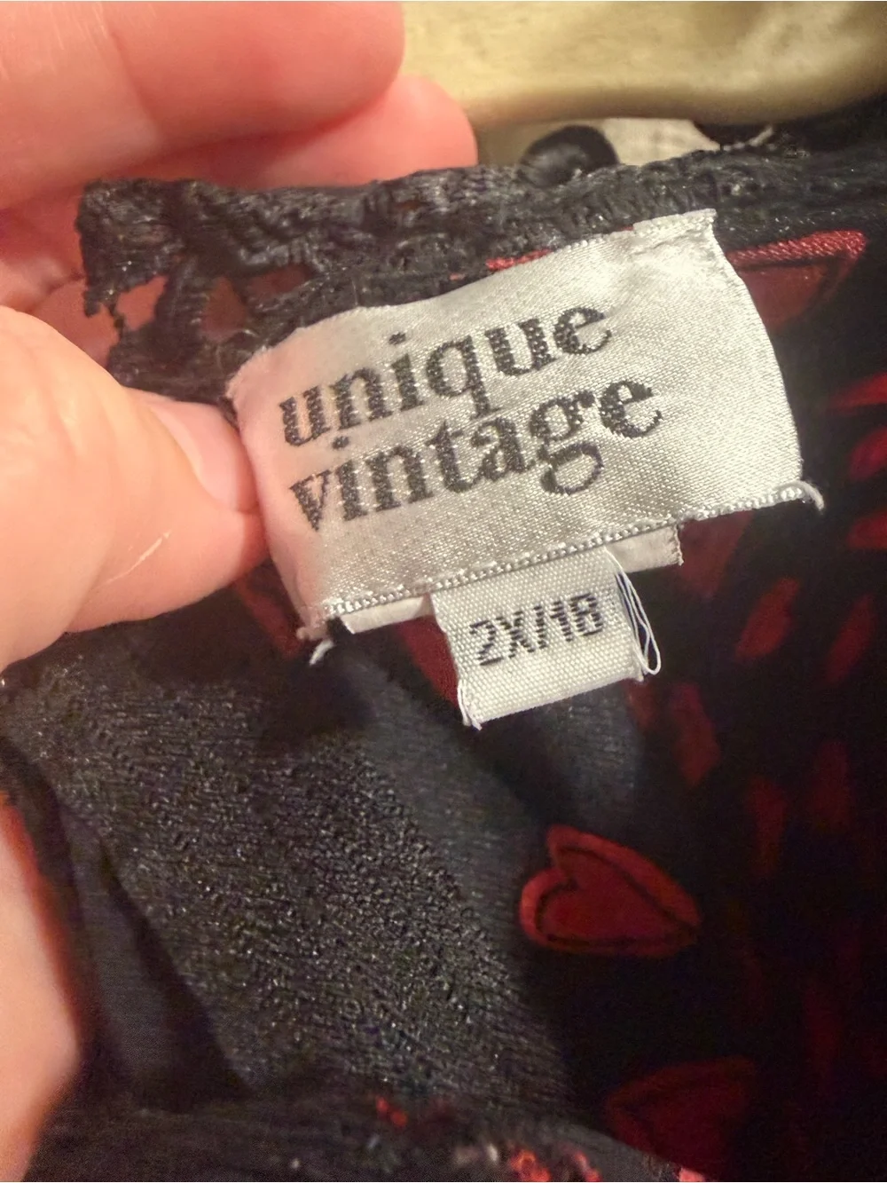 Unique Vintage Margie 1940s Heart Print Midi Dress Black Red Lace Collar 2X - Picture 9 of 9